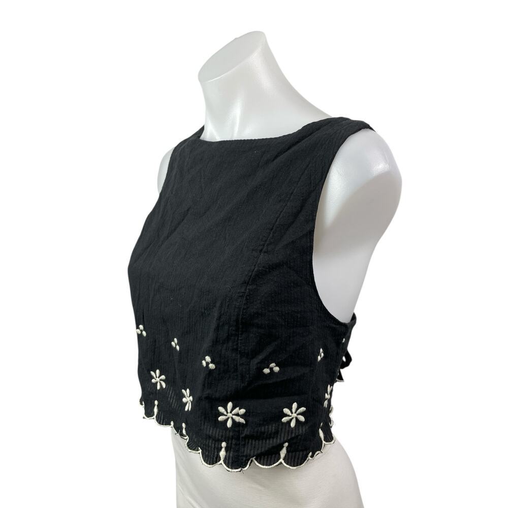 Free People Kayla Black Floral Embroidered Sleeveless Tie Blouse Top Size S - Picture 2 of 6
